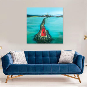 Poolbeg Lighthouse Painting Drone view Dublin Bay Original painting